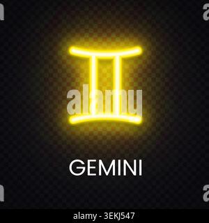 Yellow Gemini zodiac neon sign with radiant light effect. Modern astrology symbol for horoscope banner, cosmic illustration and celestial design. Stock Vector