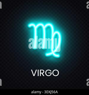 Blue Virgo zodiac neon sign isolated on transparent background. Bright astrology icon for horoscope concept, mystical banner and cosmic artwork. Stock Vector