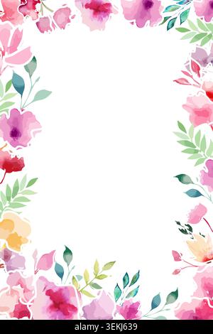 Rectangular frame postcard with watercolor flowers . Hand drawn. Not AI, vector illustration. Stock Vector