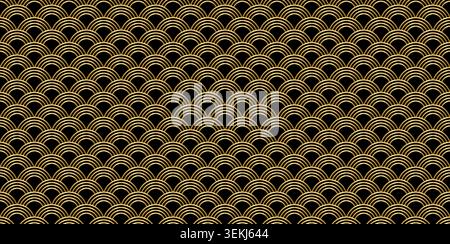 Gold fish scales create elegant mermaid texture with asian wave pattern. Seamless vector design features scallop motifs perfect for luxury oriental prints and wallpaper backgrounds Stock Vector