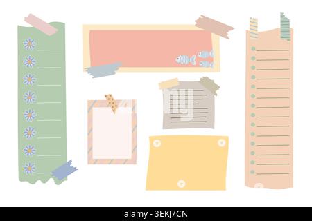 Blank sticky notes and memo pads set in soft pastel colors with pieces of adhesive tape, simple hand drawn design elements for school, office, printable or digital planner design templates Stock Vector