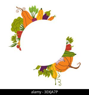 Vegetable frame. Round frame with different vegetable crops. Vector illustration with Copy space. Recipe card, farmer market. Stock Vector