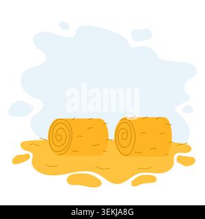 Cylindrical straw bales lying on field after harvest. Round hay rolls scattered across farmland.Illustration for agriculture Stock Vector
