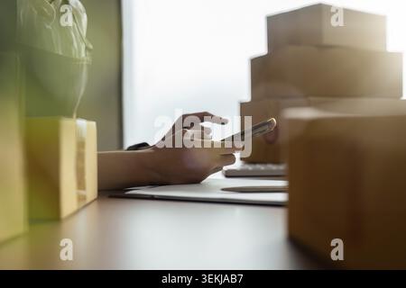 Female warehouse worker manager, small stock business owner holding phone and retail package parcel boxes checking commercial shipping delivery order Stock Photo