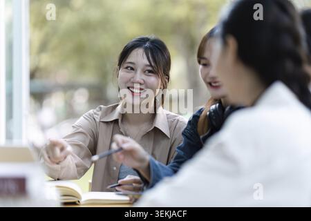 Group of young Asian college students sitting on a bench in a campus relaxation area, talking, sharing ideas, doing homework or tutoring for the exam Stock Photo