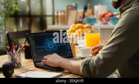 Male freelancer examines artificial intelligence systems with neural networks and generative autonomous models, internet of things. AI tools used for task management, machine learning. Stock Photo