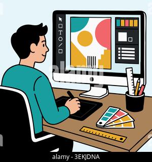Graphic designer working on computer with digital tablet creating geometric poster artwork Stock Vector