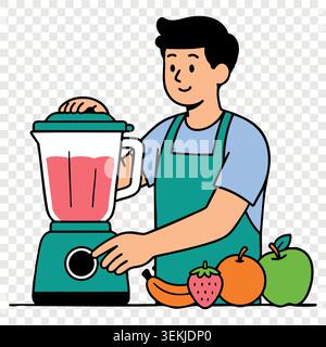 Male chef preparing fresh fruit smoothie with blender in the kitchen interior Stock Vector