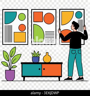 Interior designer hanging abstract geometric posters on wall in modern living room Stock Vector