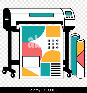 Large format plotter machine printing colorful geometric poster in digital print shop Stock Vector