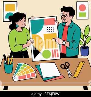 Graphic designers working on abstract geometry poster design project in creative studio office Stock Vector