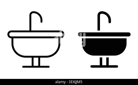 Simple black and white icons of bathroom sinks with faucets, showcasing front and side views for use in design, presentation, or architectural documen Stock Vector