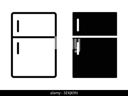 Minimalistic line art and solid silhouette illustrations of a refrigerator with freezer compartment in black and white, suitable for design and icon u Stock Vector
