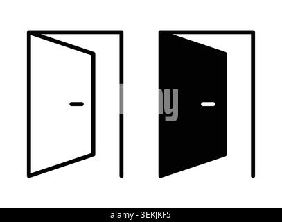 This image features two icons depicting doors, one open and one closed, in a minimalist black and white style suitable for use in design projects or d Stock Vector
