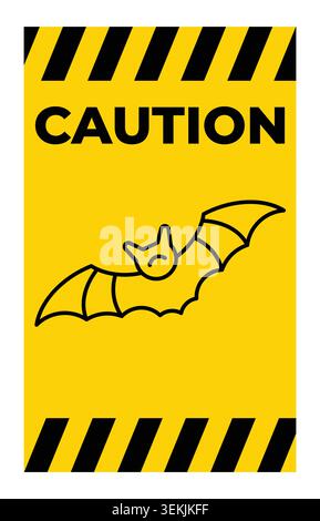 This image features a warning sign with bold "CAUTION" text, striped border, and an outline illustration of a bat, alerting viewers to potential dange Stock Vector