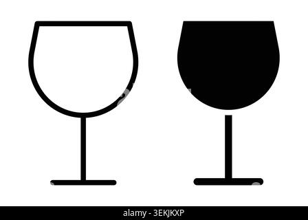 A pair of simple black and white icons depicting wine glasses, designed with minimal line art and silhouettes suitable for various graphic, digital, a Stock Vector
