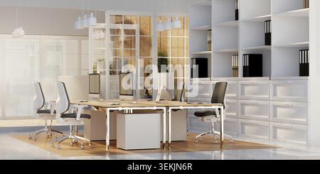 A sleek modern office workspace featuring a collaborative layout with computer desks, ideal for productivity and creativity Stock Photo