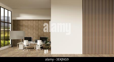 An elegant office setup with large windows, stylish furniture, and wooden wall features, ideal for professional environments Stock Photo