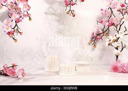 Elegant sunny colorful banner, background with pink sakura flowers for design. Empty beautiful spring podium and template for your creativity, product Stock Photo