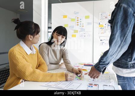 Team of UI UX web designer are working together to develop mobile responsive websites with UI UX front end designer previews Stock Photo