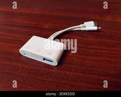 White USB Type-C and Lightning OTG adapter and SD Card reader with USB Type-A port. Isolated by wooden background. Technology concept Stock Photo