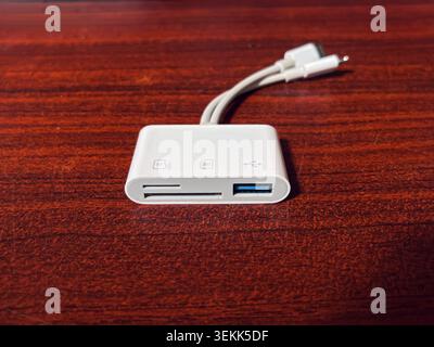 White USB Type-C and Lightning OTG adapter and SD Card reader with USB Type-A port. Isolated by wooden background. Technology concept Stock Photo