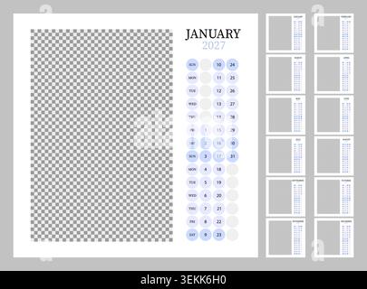 2027 monthly calendar with copy space for the picture, vertical calendar layout made of circles in columns,  square composition on white background, w Stock Vector