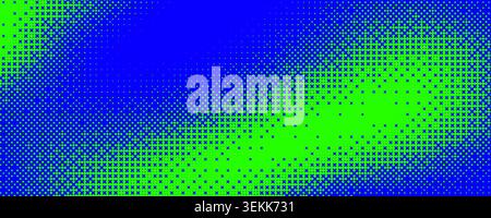 Neon green blue bitmap pixel texture. Dotted dither gradient pattern background. 8 bit halftone faded pop art gradation wallpaper. Vector vanishing raster video arcade game backdrop for banner, poster Stock Vector