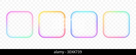 Iridescent rainbow gradient square frame set. Blurred vivid rounded rectangle border collection. Vibrant color banner element pack. Bright colorful bubble box template bundle. Vector Stock Vector