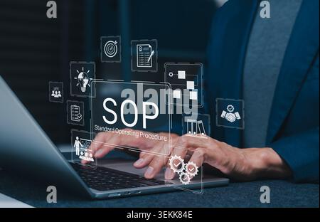 SOP standard operating procedure concept. workflow documentation, process management, compliance checklist, team training, quality control, approval Stock Photo