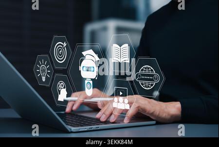 AI education technology and digital learning platform concept. student using laptop to learn with smart chatbot tutor, training automation, Stock Photo