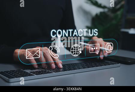 Contact us customer support and business communication concept. email, phone, website, call and online service icons for helpdesk, feedback, sale Stock Photo