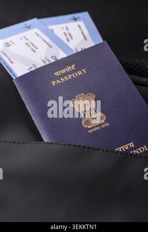 Passport India, visa for travel, document with tickets in travel bag. Indian passport as background for your design Stock Photo