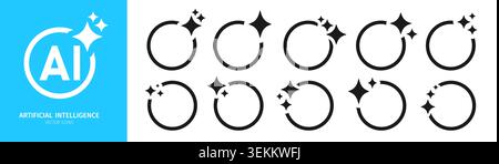 Round frames with stars icons set AI logo. Artificial intelligence sparkling symbols. Shiny magic glitter starburst for logo, app design. Modern smart assistant signs elements. Vector illustration Stock Vector