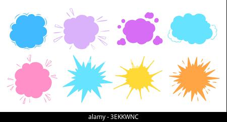 Comic speech bubble explosion burst and retro cloud of thought set. Cartoon boom bang blast effects, fire dynamite clouds, doodle speech bubbles, energy sparks and pop art stencil silhouettes Vector Stock Vector