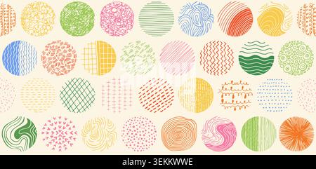 Hand drawn round shapes abstract background seamless pattern. Doodle spots, drops brush strokes crayon curves lines scribble circle colored trendy boundless background. Endless drawn design for print Stock Vector