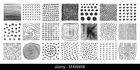 Hand drawn square ink abstract backgrounds patterns set. Doodle spots, drops brush strokes crayon curves lines scribble circle shapes. Trendy patterns for posters, social media icons illustration art Stock Vector
