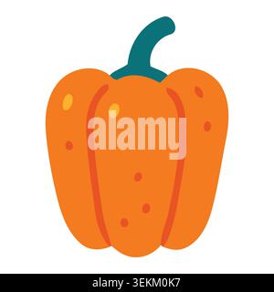 Vibrant orange bell pepper with green stem in clean flat vector style. Ideal for food packaging, branding, and editorial use. Features subtle shading Stock Vector