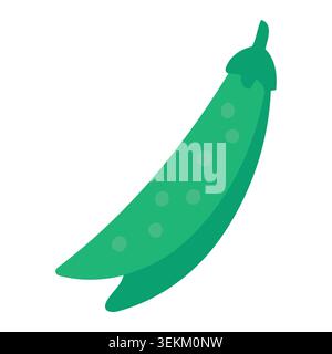 Flat vector illustration of a green pea pod with a dark green stem and lighter green shading featuring six peas inside. Ideal for food packaging edito Stock Vector