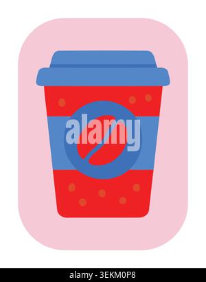 Modern flat vector illustration of a red and blue coffee cup with a coffee bean logo, ideal for food packaging, branding, and advertising. Simple, ver Stock Vector