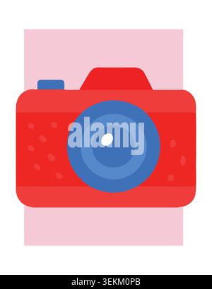 Vibrant flat vector illustration of a red camera with blue lens and viewfinder on a soft pink background, perfect for photography equipment, web desig Stock Vector