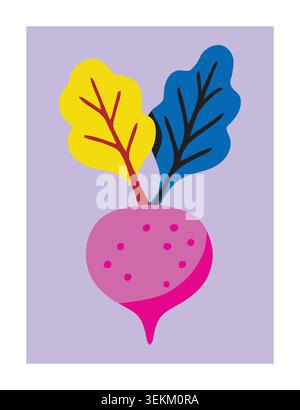 Vibrant flat illustration of a beetroot with yellow and blue leaves on purple background. Perfect for food packaging, vegetable design, and healthy ea Stock Vector