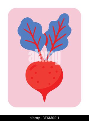 Vibrant red beetroot with blue-green leaves illustrated in modern flat style on soft pink background. Ideal for food packaging, vegetable branding, he Stock Vector