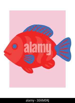 Vibrant red fish with blue fins and tail in flat vector style on pink background, ideal for aquatic animal illustrations, children's books, educationa Stock Vector