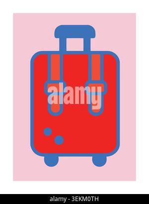A vibrant, flat illustration of a red suitcase with bold blue outline and accents on a soft pink background, perfect for travel and luggage branding, Stock Vector