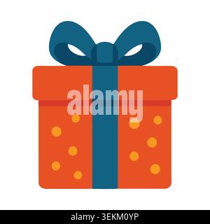 Vibrant orange gift box with a blue ribbon and yellow polka dots in a flat vector style, ideal for gift wrapping, packaging design, and holiday-themed Stock Vector