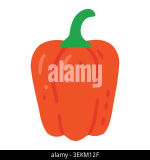 Vibrant orange bell pepper with green stem in simple flat vector style. Ideal for food packaging, branding, and editorial illustrations. Perfect for d Stock Vector