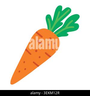 Vibrant orange carrot with green leafy top in simple flat vector illustration on white background, ideal for food branding, packaging, editorial, and Stock Vector
