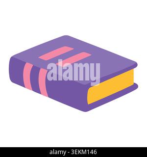 Vibrant purple book with pink accents and yellow pages in modern isometric flat style. Ideal for educational materials, publishing, digital media, and Stock Vector