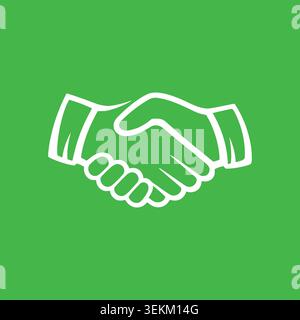 A simple white line art illustration of two hands shaking on a solid green background, symbolizing partnership, business agreement, and unity, ideal f Stock Vector